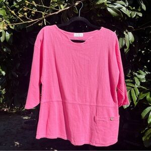 PRETTY BY EZZEWEAR pink gauze cotton boat neck long 3/4 sleeve boxy lagenlook